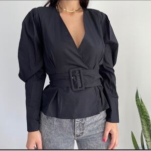 Zara * Poplin Belted Wrap Blouse Top Black size XS
